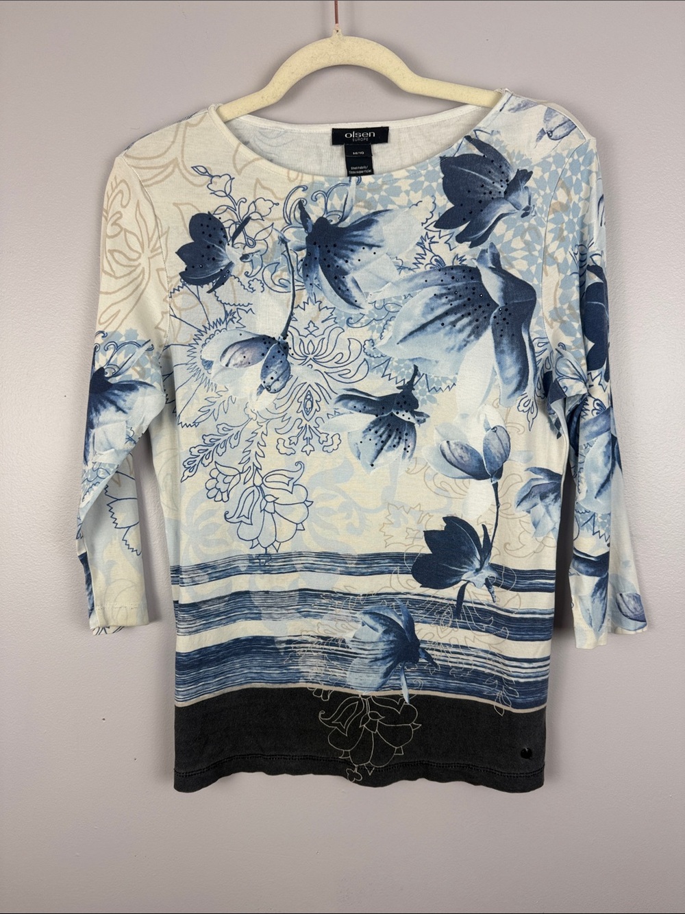 Olsen Europe Cotton Blue Floral Watercolor Embellished 3/4 Sleeve Top Size M 10 - Picture 2 of 13